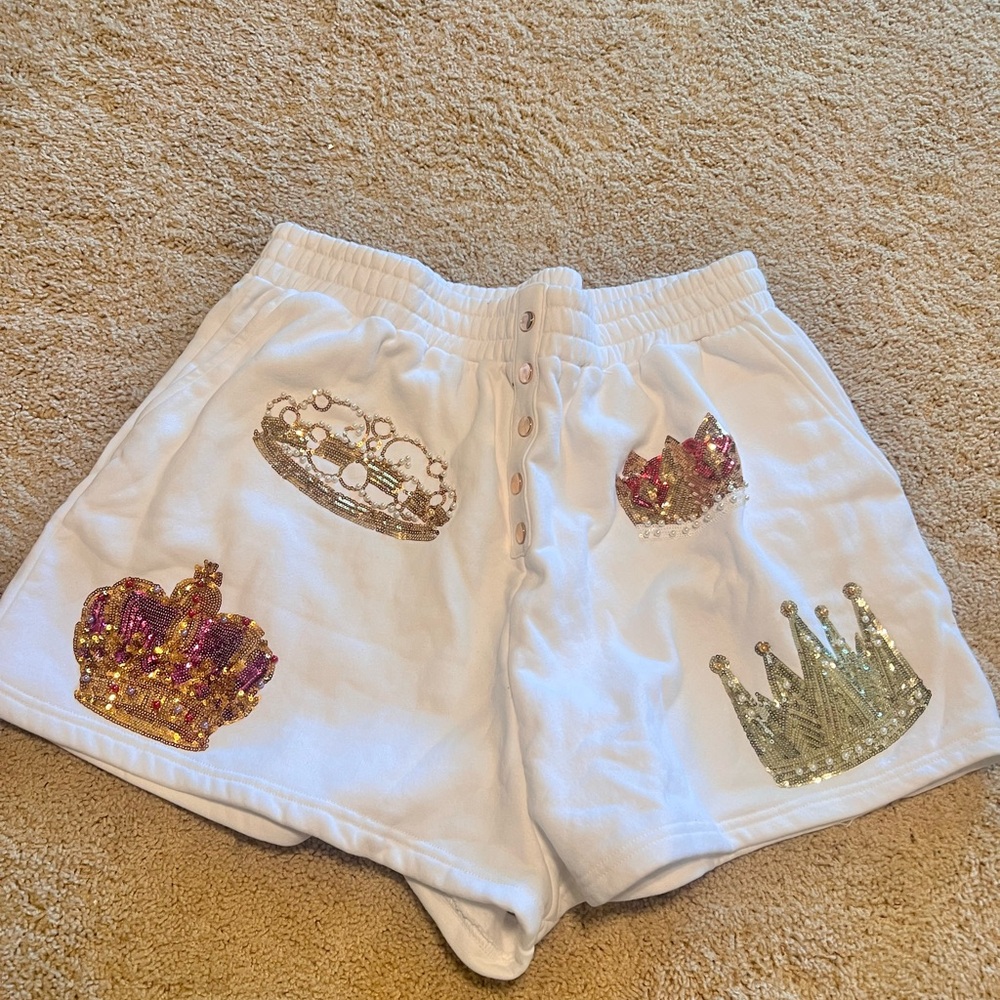 QUEEN OF SPARKLES High Waist White Shorts with Crown Designs